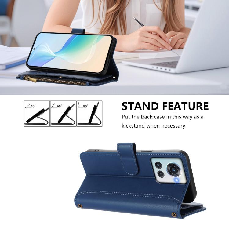 For OnePlus 10R / Ace Magnetic Closure 9 Card Slots Zipper Leather Case with Hand Strap
