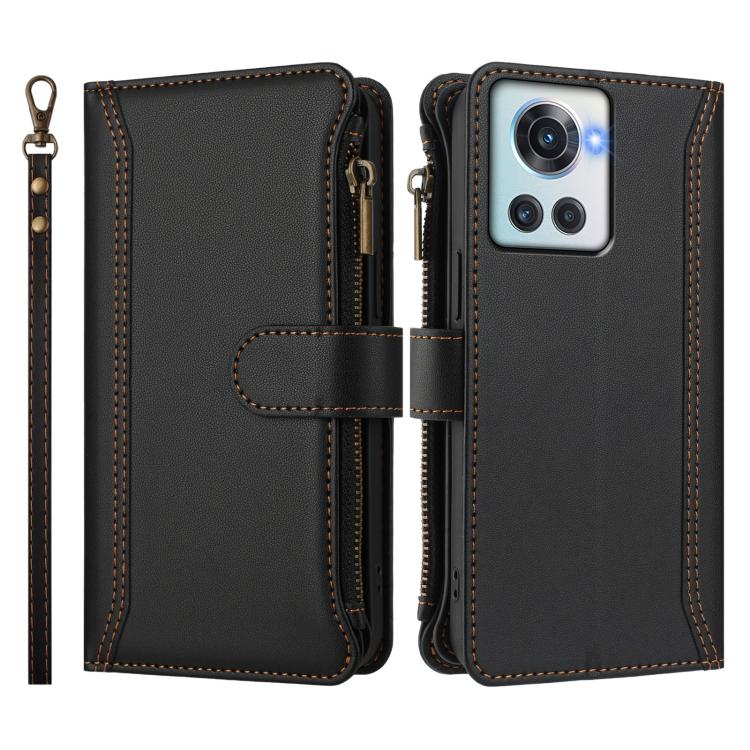 For OnePlus 10R / Ace Magnetic Closure 9 Card Slots Zipper Leather Case with Hand Strap