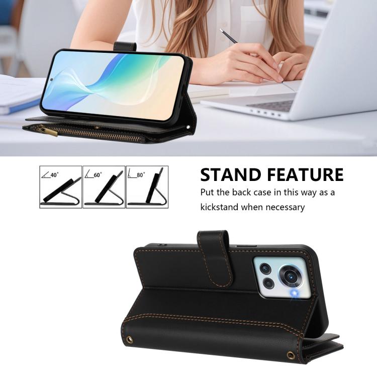 For OnePlus 10R / Ace Magnetic Closure 9 Card Slots Zipper Leather Case with Hand Strap