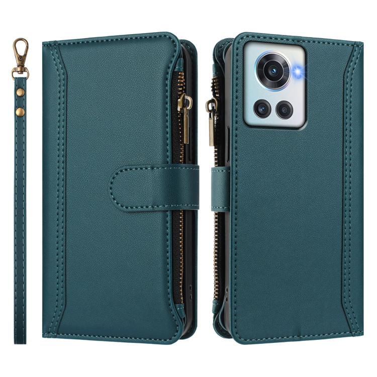 For OnePlus 10R / Ace Magnetic Closure 9 Card Slots Zipper Leather Case with Hand Strap