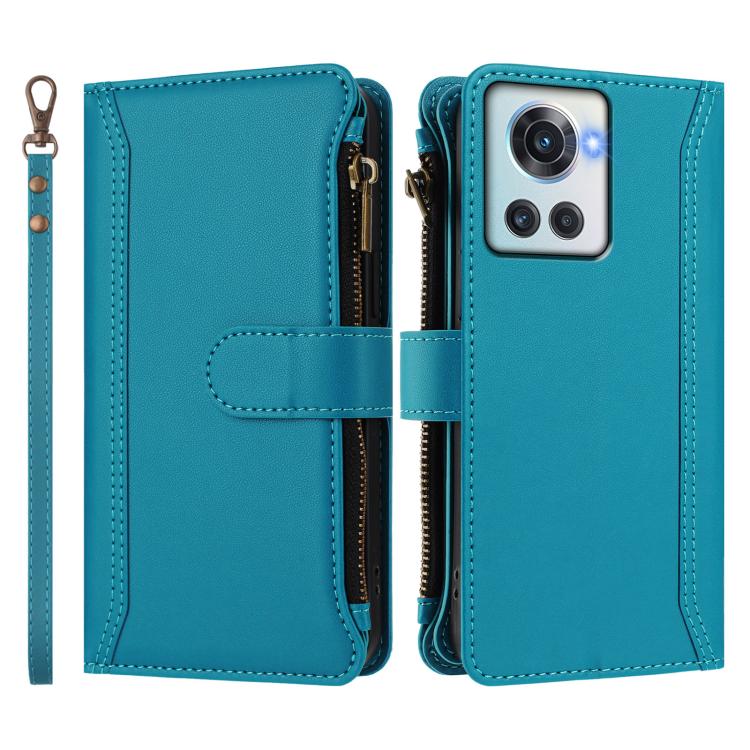 For OnePlus 10R / Ace Magnetic Closure 9 Card Slots Zipper Leather Case with Hand Strap