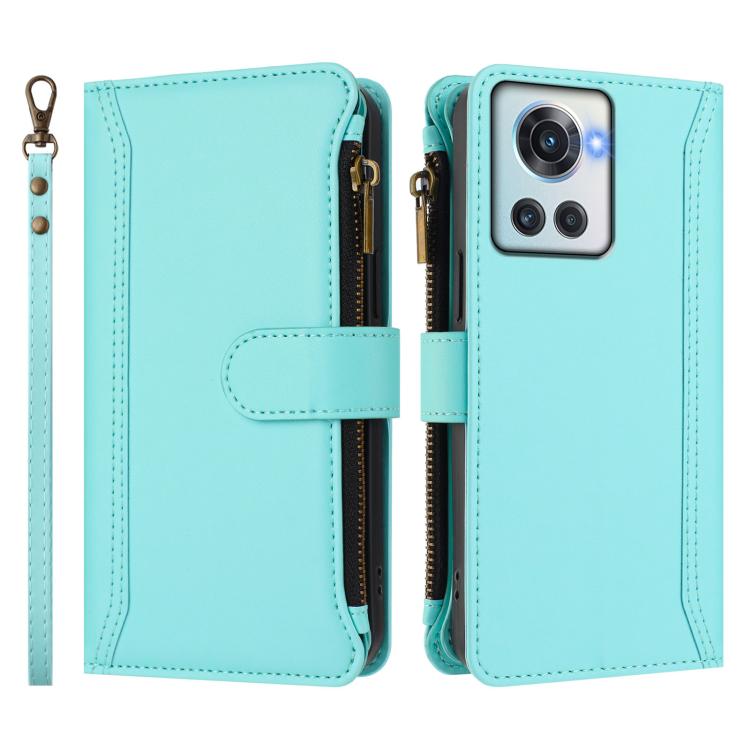For OnePlus 10R / Ace Magnetic Closure 9 Card Slots Zipper Leather Case with Hand Strap