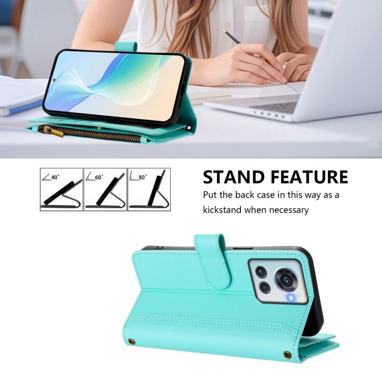 For OnePlus 10R / Ace Magnetic Closure 9 Card Slots Zipper Leather Case with Hand Strap
