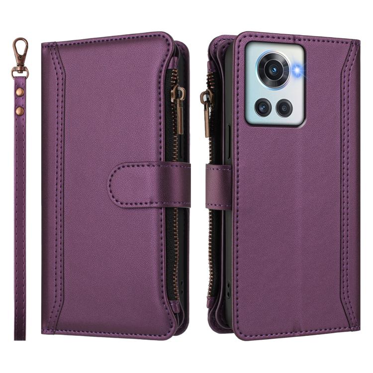 For OnePlus 10R / Ace Magnetic Closure 9 Card Slots Zipper Leather Case with Hand Strap