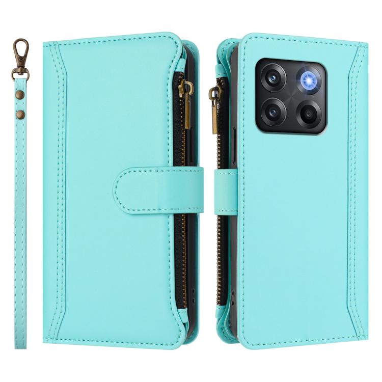 For OnePlus 10T 5G Global Magnetic Closure 9 Card Slots Zipper Leather Case with Hand Strap