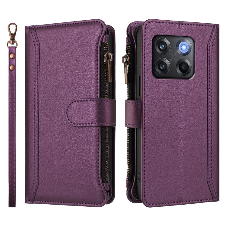For OnePlus 10T 5G Global Magnetic Closure 9 Card Slots Zipper Leather Case with Hand Strap