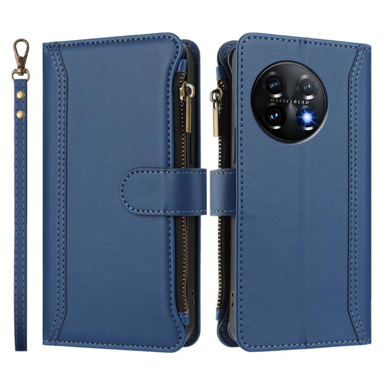 For OnePlus 11 Magnetic Closure 9 Card Slots Zipper Leather Case with Hand Strap