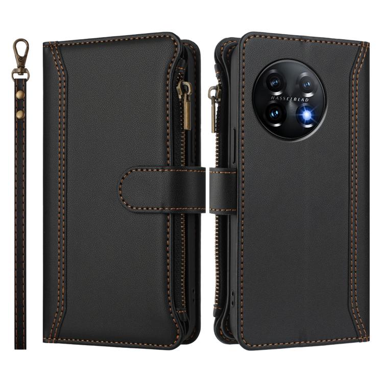 For OnePlus 11 Magnetic Closure 9 Card Slots Zipper Leather Case with Hand Strap