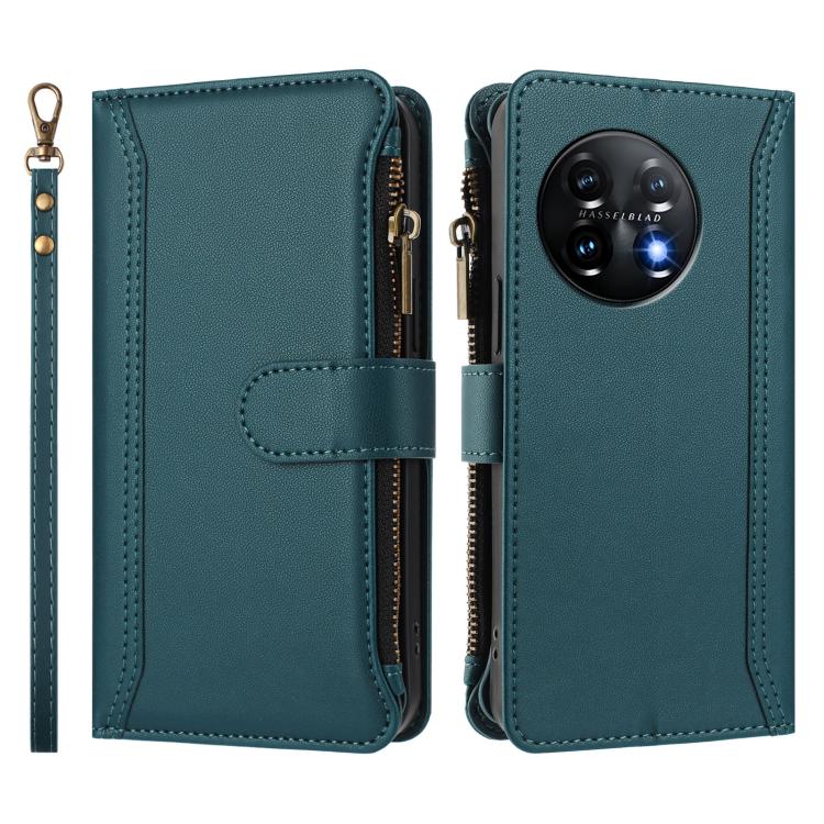 For OnePlus 11 Magnetic Closure 9 Card Slots Zipper Leather Case with Hand Strap