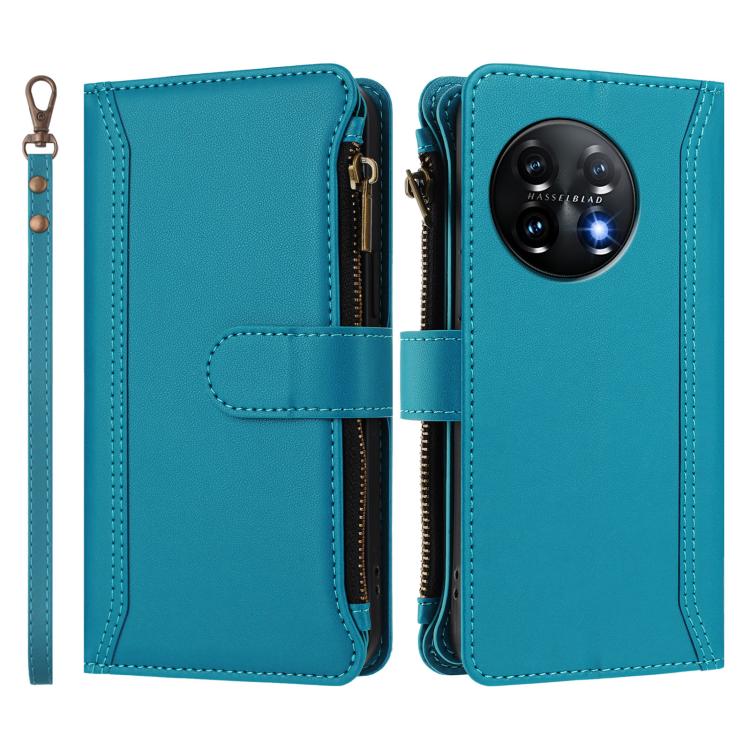 For OnePlus 11 Magnetic Closure 9 Card Slots Zipper Leather Case with Hand Strap