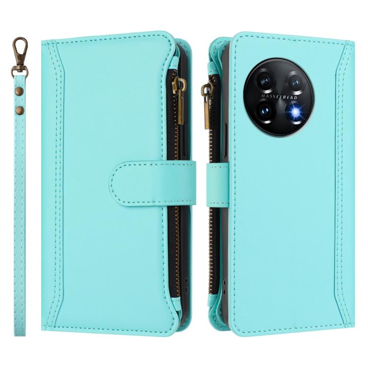 For OnePlus 11 Magnetic Closure 9 Card Slots Zipper Leather Case with Hand Strap