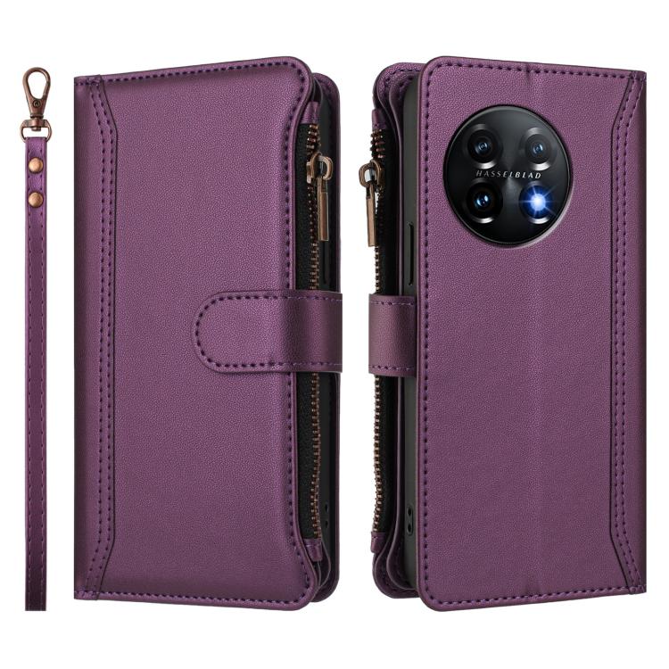 For OnePlus 11 Magnetic Closure 9 Card Slots Zipper Leather Case with Hand Strap