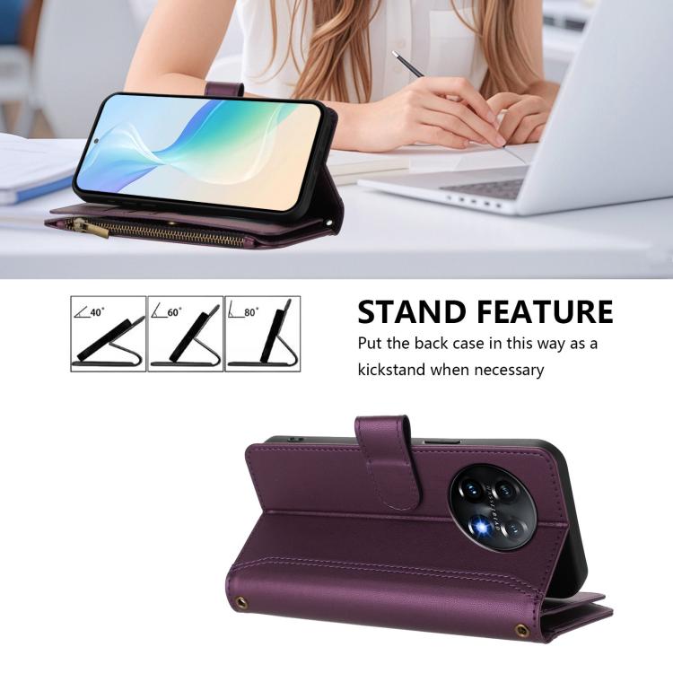 For OnePlus 11 Magnetic Closure 9 Card Slots Zipper Leather Case with Hand Strap