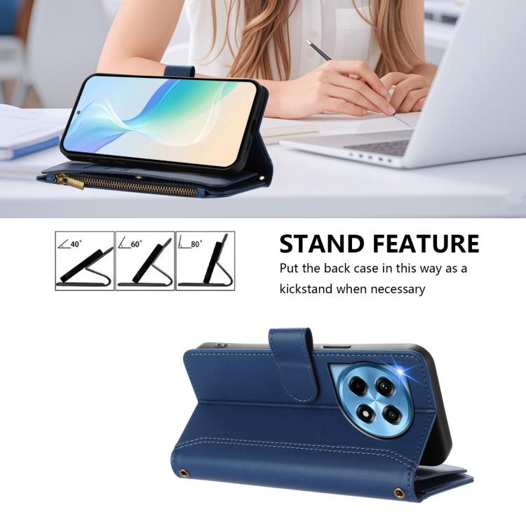 For OnePlus 12 5G Global Magnetic Closure 9 Card Slots Zipper Leather Case with Hand Strap