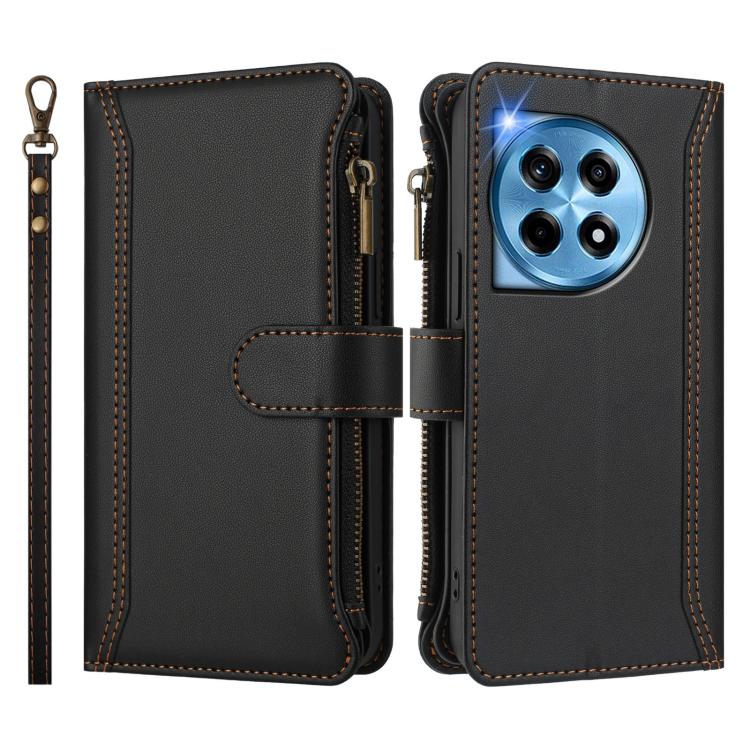 For OnePlus 12 5G Global Magnetic Closure 9 Card Slots Zipper Leather Case with Hand Strap