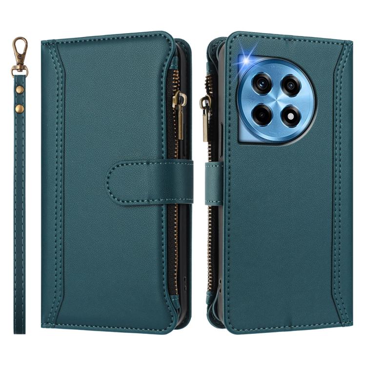 For OnePlus 12 5G Global Magnetic Closure 9 Card Slots Zipper Leather Case with Hand Strap