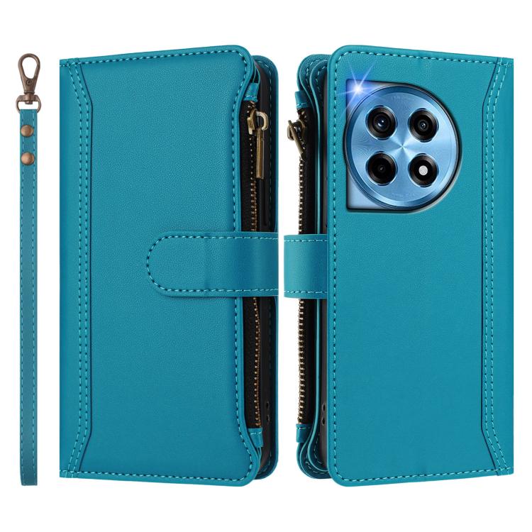 For OnePlus 12 5G Global Magnetic Closure 9 Card Slots Zipper Leather Case with Hand Strap