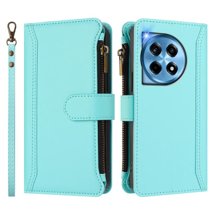 For OnePlus 12 5G Global Magnetic Closure 9 Card Slots Zipper Leather Case with Hand Strap