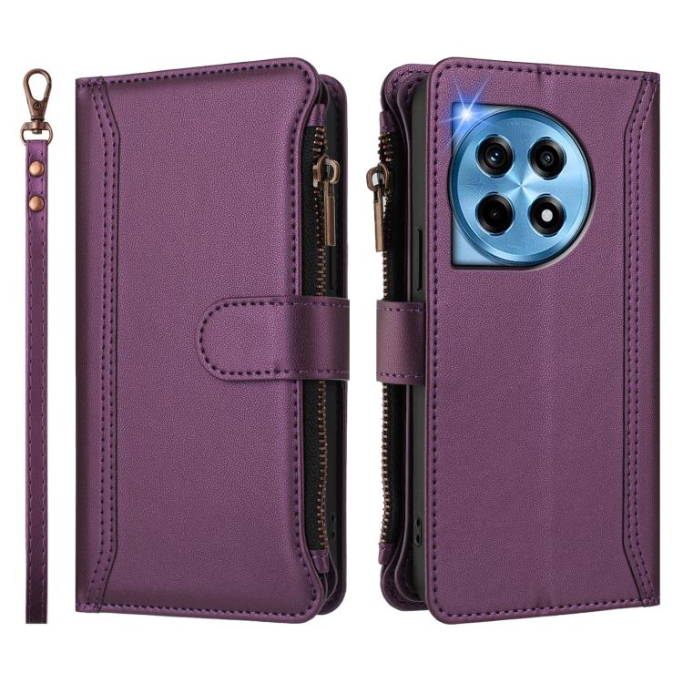 For OnePlus 12 5G Global Magnetic Closure 9 Card Slots Zipper Leather Case with Hand Strap