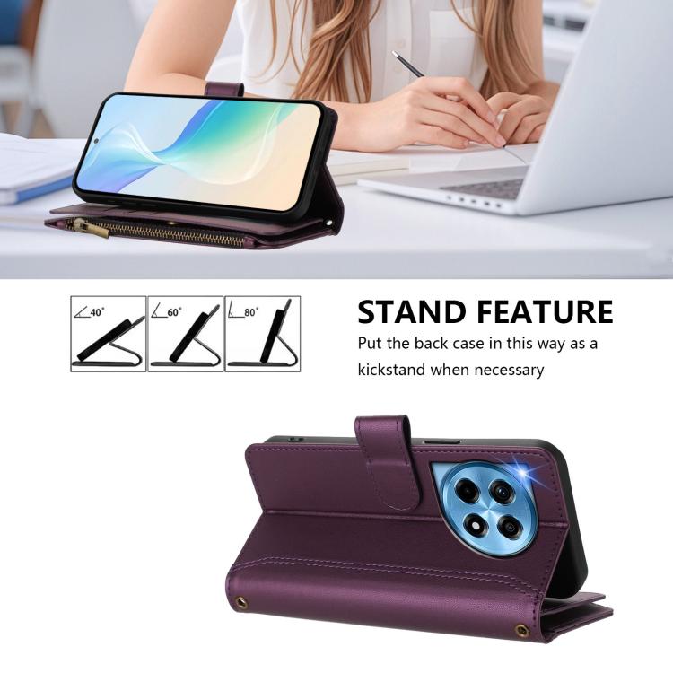 For OnePlus 12 5G Global Magnetic Closure 9 Card Slots Zipper Leather Case with Hand Strap