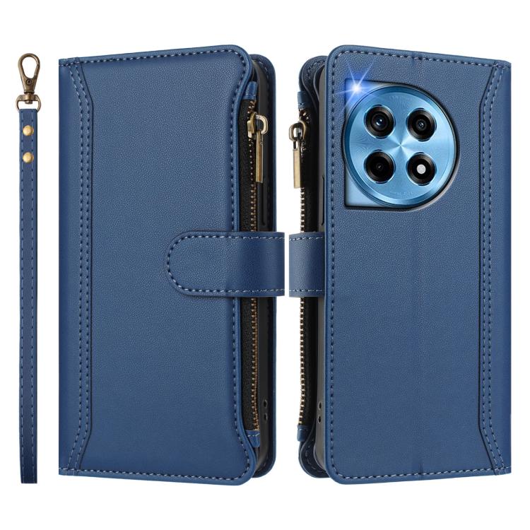 For OnePlus 12R 5G Global Magnetic Closure 9 Card Slots Zipper Leather Case with Hand Strap