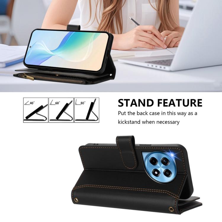 For OnePlus 12R 5G Global Magnetic Closure 9 Card Slots Zipper Leather Case with Hand Strap