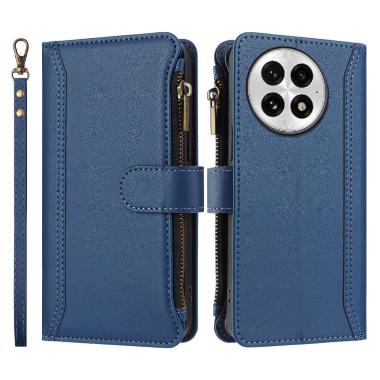 For OnePlus 13 Magnetic Closure 9 Card Slots Zipper Leather Case with Hand Strap