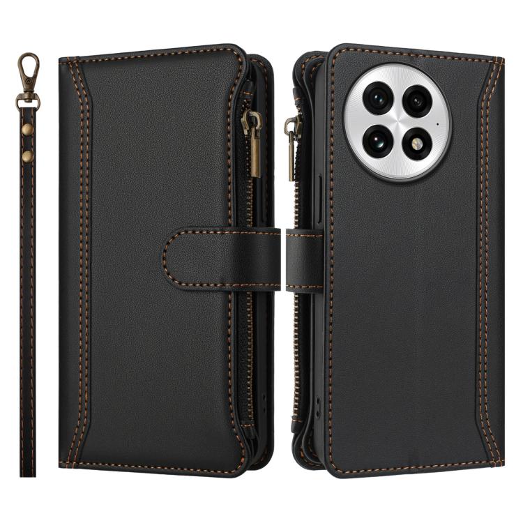 For OnePlus 13 Magnetic Closure 9 Card Slots Zipper Leather Case with Hand Strap