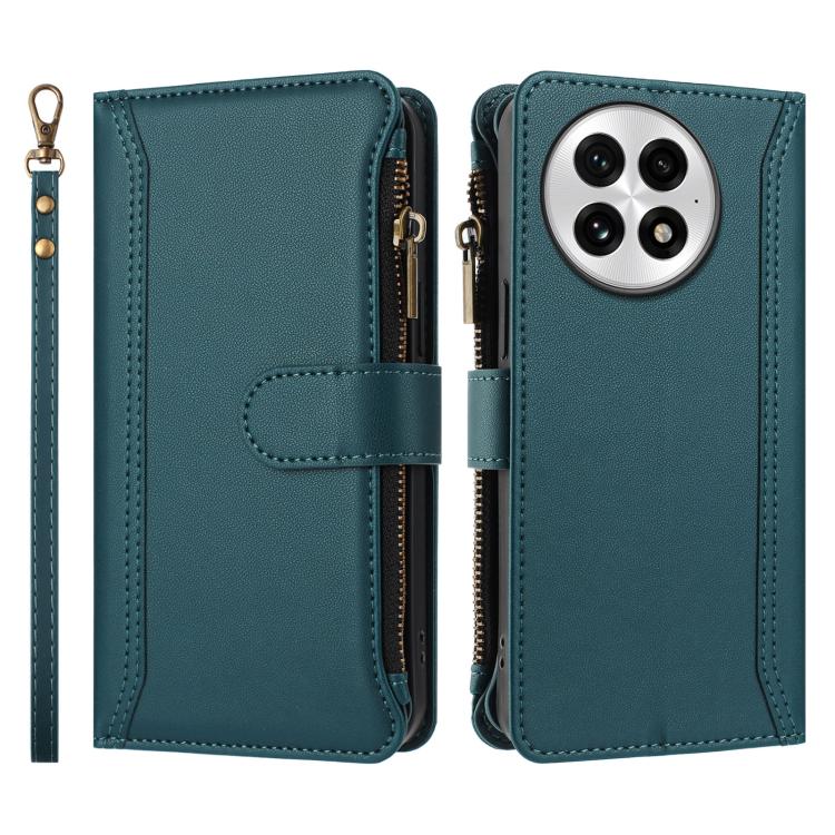 For OnePlus 13 Magnetic Closure 9 Card Slots Zipper Leather Case with Hand Strap