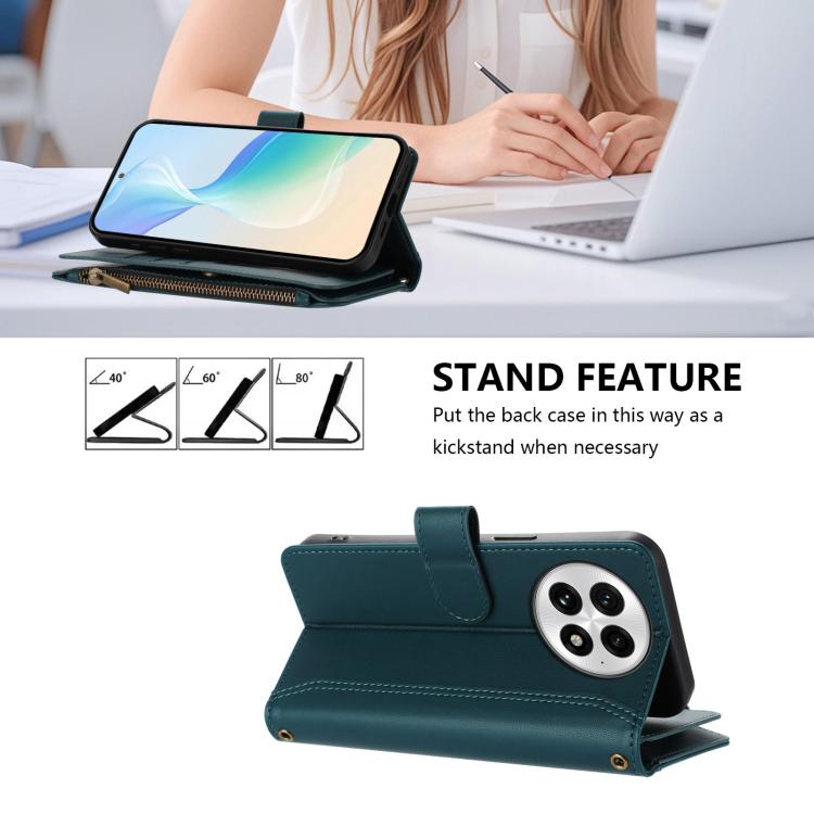 For OnePlus 13 Magnetic Closure 9 Card Slots Zipper Leather Case with Hand Strap