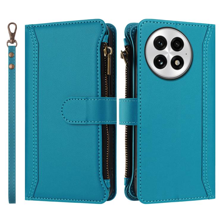 For OnePlus 13 Magnetic Closure 9 Card Slots Zipper Leather Case with Hand Strap