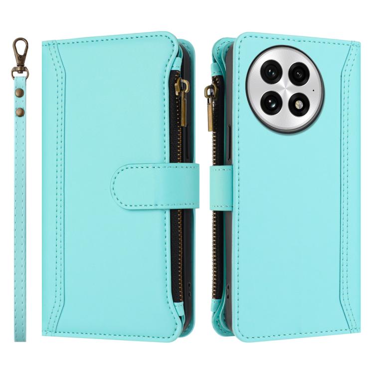 For OnePlus 13 Magnetic Closure 9 Card Slots Zipper Leather Case with Hand Strap