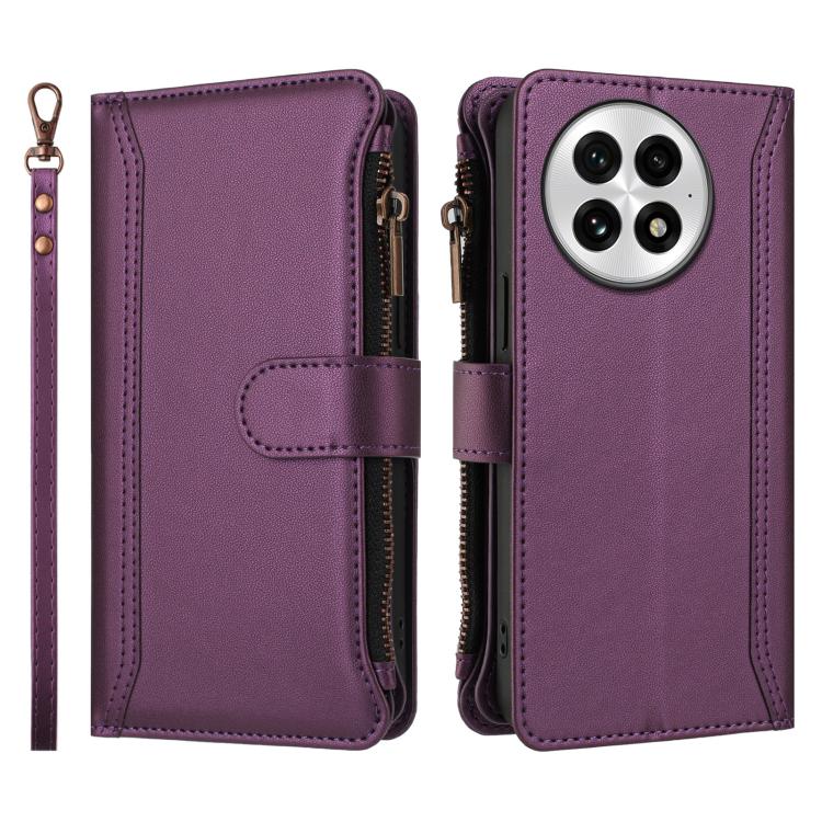 For OnePlus 13 Magnetic Closure 9 Card Slots Zipper Leather Case with Hand Strap