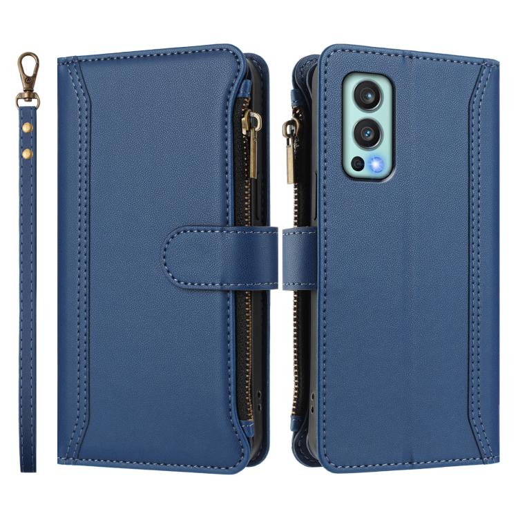 For OnePlus Nord 2 5G Magnetic Closure 9 Card Slots Zipper Leather Case with Hand Strap