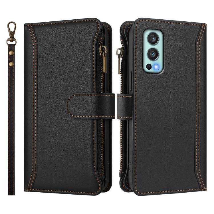 For OnePlus Nord 2 5G Magnetic Closure 9 Card Slots Zipper Leather Case with Hand Strap