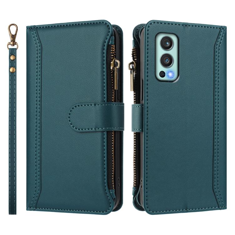 For OnePlus Nord 2 5G Magnetic Closure 9 Card Slots Zipper Leather Case with Hand Strap