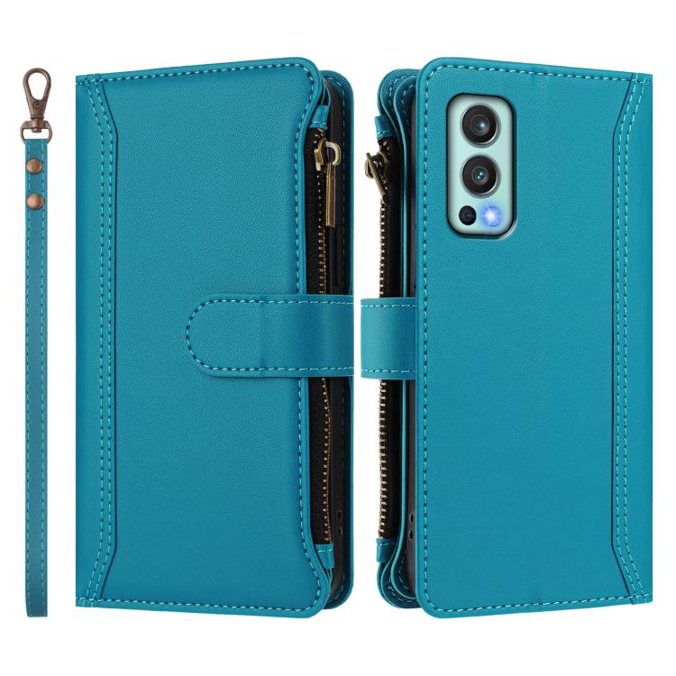 For OnePlus Nord 2 5G Magnetic Closure 9 Card Slots Zipper Leather Case with Hand Strap