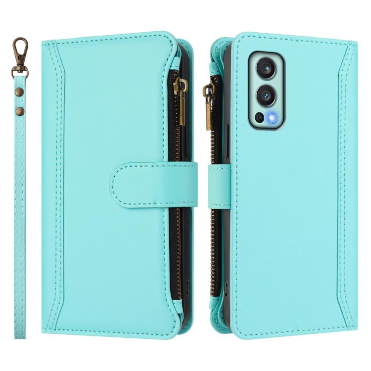 For OnePlus Nord 2 5G Magnetic Closure 9 Card Slots Zipper Leather Case with Hand Strap