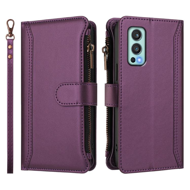 For OnePlus Nord 2 5G Magnetic Closure 9 Card Slots Zipper Leather Case with Hand Strap