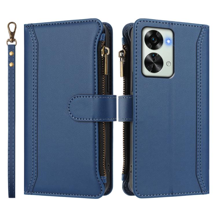 For OnePlus Nord 2T Magnetic Closure 9 Card Slots Zipper Leather Case with Hand Strap