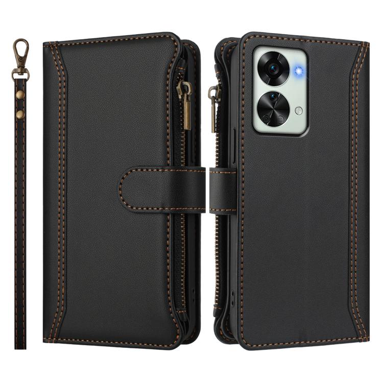 For OnePlus Nord 2T Magnetic Closure 9 Card Slots Zipper Leather Case with Hand Strap