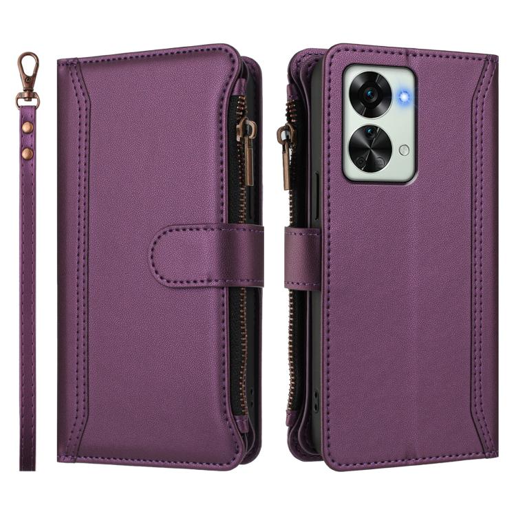 For OnePlus Nord 2T Magnetic Closure 9 Card Slots Zipper Leather Case with Hand Strap