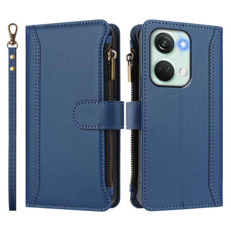 For OnePlus Nord 3 / Ace 2V Magnetic Closure 9 Card Slots Zipper Leather Case with Hand Strap