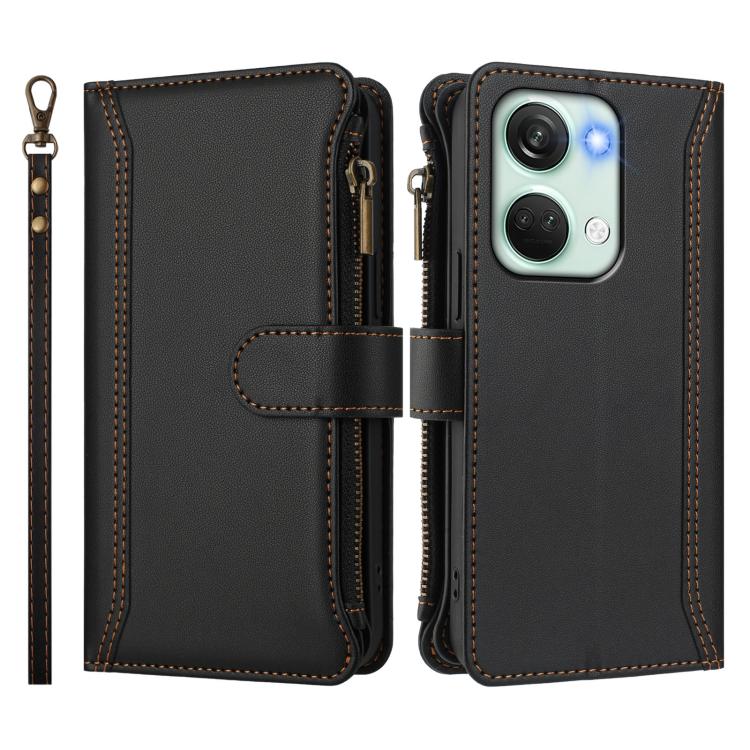 For OnePlus Nord 3 / Ace 2V Magnetic Closure 9 Card Slots Zipper Leather Case with Hand Strap