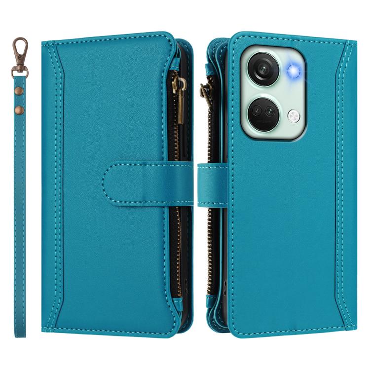 For OnePlus Nord 3 / Ace 2V Magnetic Closure 9 Card Slots Zipper Leather Case with Hand Strap