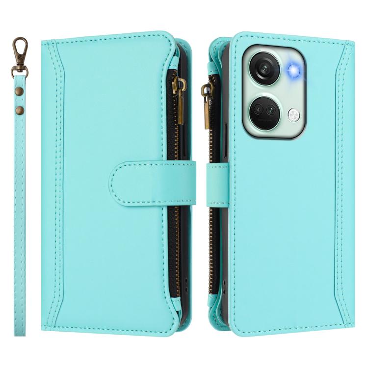 For OnePlus Nord 3 / Ace 2V Magnetic Closure 9 Card Slots Zipper Leather Case with Hand Strap