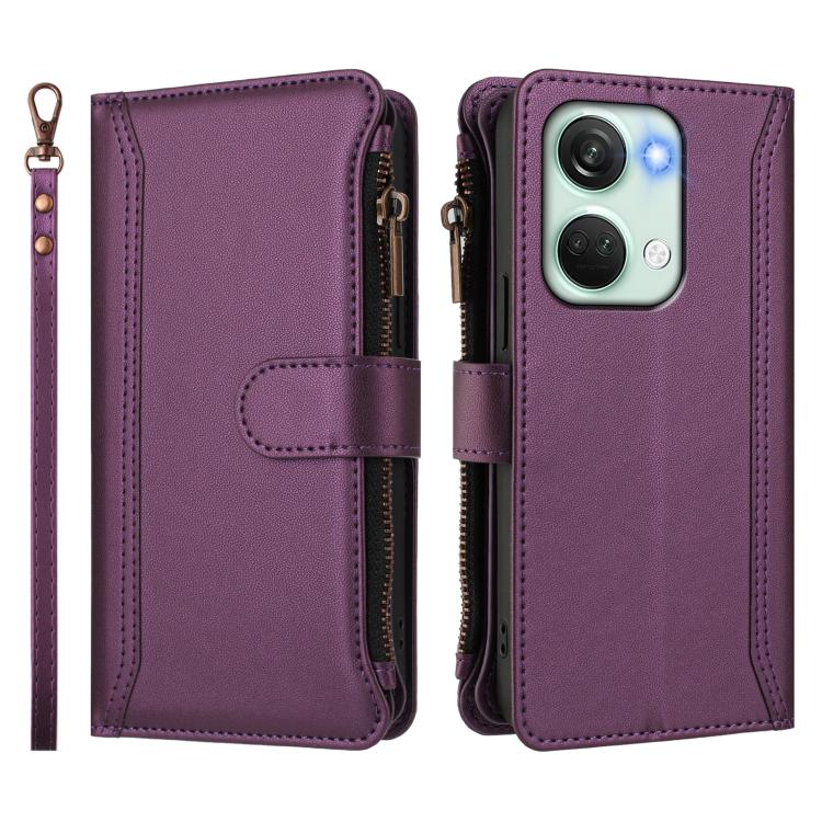 For OnePlus Nord 3 / Ace 2V Magnetic Closure 9 Card Slots Zipper Leather Case with Hand Strap
