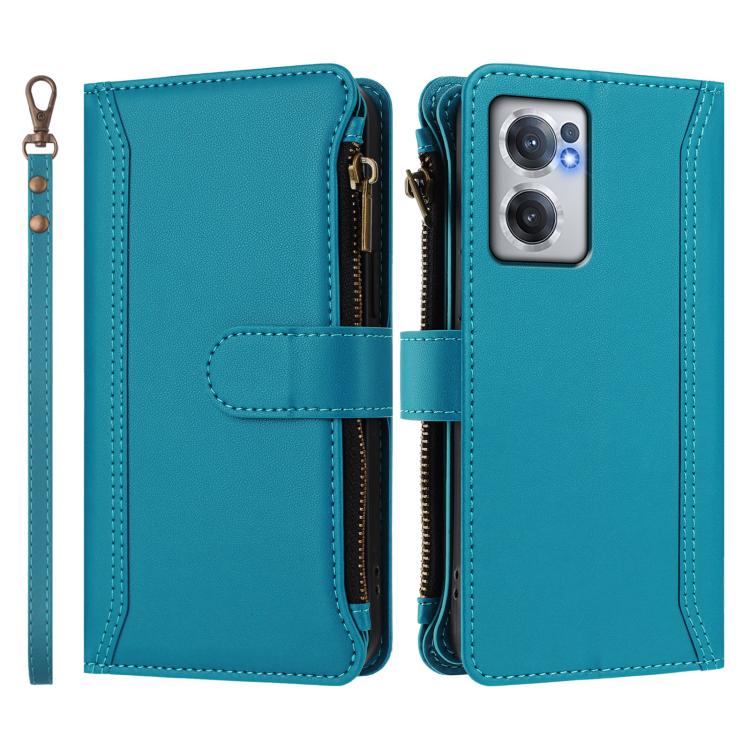 For OnePlus Nord CE 2 5G Magnetic Closure 9 Card Slots Zipper Leather Case with Hand Strap