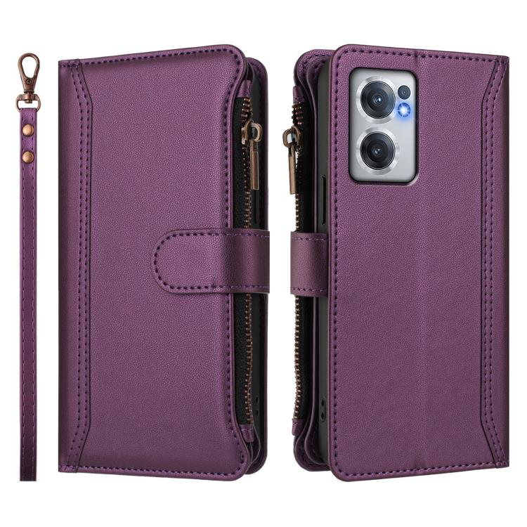 For OnePlus Nord CE 2 5G Magnetic Closure 9 Card Slots Zipper Leather Case with Hand Strap