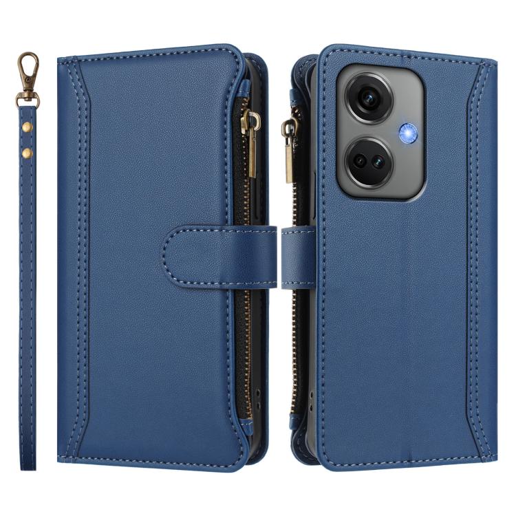 For OnePlus Nord CE3 5G India Magnetic Closure 9 Card Slots Zipper Leather Case with Hand Strap